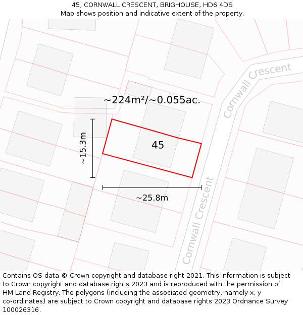 45, CORNWALL CRESCENT, BRIGHOUSE, HD6 4DS: Plot and title map