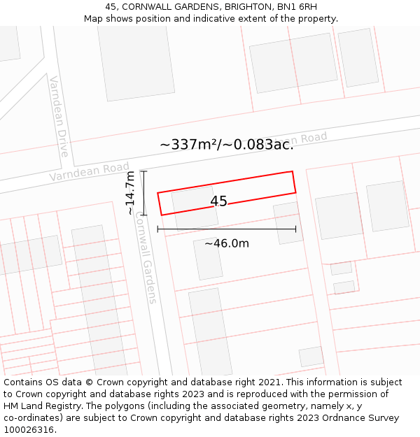 45, CORNWALL GARDENS, BRIGHTON, BN1 6RH: Plot and title map