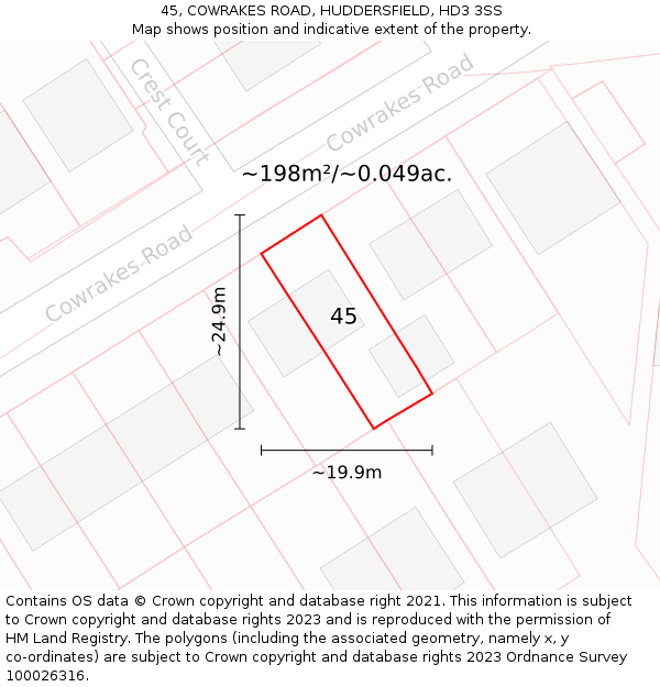 45, COWRAKES ROAD, HUDDERSFIELD, HD3 3SS: Plot and title map