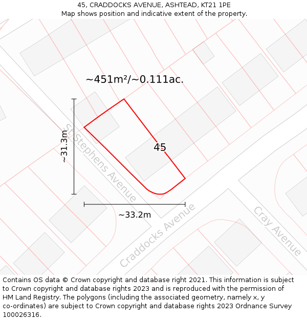 45, CRADDOCKS AVENUE, ASHTEAD, KT21 1PE: Plot and title map