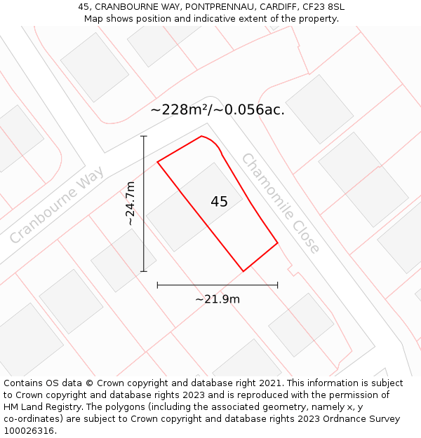 45, CRANBOURNE WAY, PONTPRENNAU, CARDIFF, CF23 8SL: Plot and title map