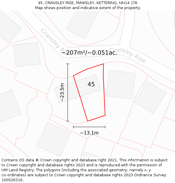 45, CRANSLEY RISE, MAWSLEY, KETTERING, NN14 1TA: Plot and title map