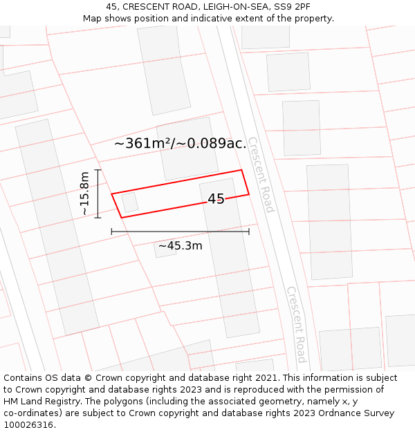 45, CRESCENT ROAD, LEIGH-ON-SEA, SS9 2PF: Plot and title map