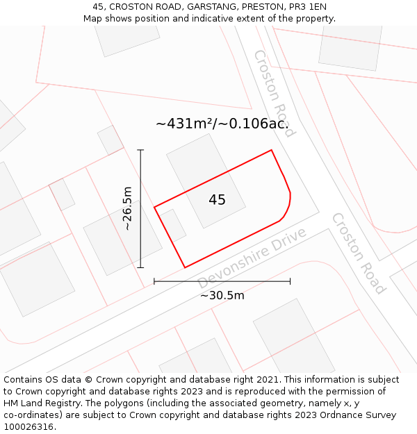 45, CROSTON ROAD, GARSTANG, PRESTON, PR3 1EN: Plot and title map