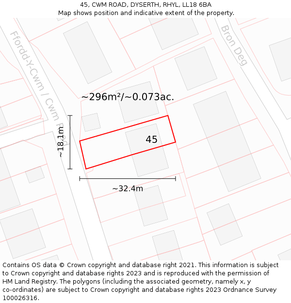 45, CWM ROAD, DYSERTH, RHYL, LL18 6BA: Plot and title map