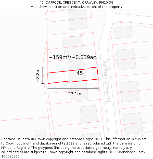 45, DAFFODIL CRESCENT, CRAWLEY, RH10 3GJ: Plot and title map