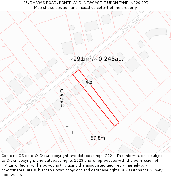 45, DARRAS ROAD, PONTELAND, NEWCASTLE UPON TYNE, NE20 9PD: Plot and title map