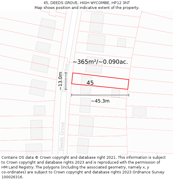 45, DEEDS GROVE, HIGH WYCOMBE, HP12 3NT: Plot and title map