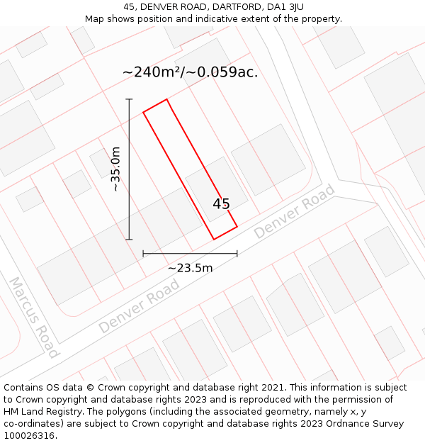 45, DENVER ROAD, DARTFORD, DA1 3JU: Plot and title map