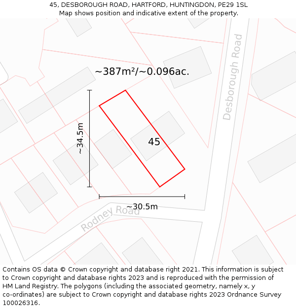 45, DESBOROUGH ROAD, HARTFORD, HUNTINGDON, PE29 1SL: Plot and title map