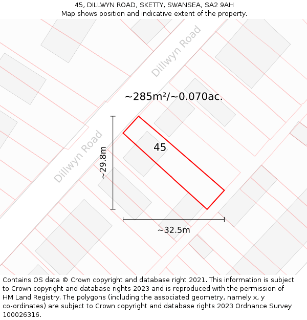 45, DILLWYN ROAD, SKETTY, SWANSEA, SA2 9AH: Plot and title map