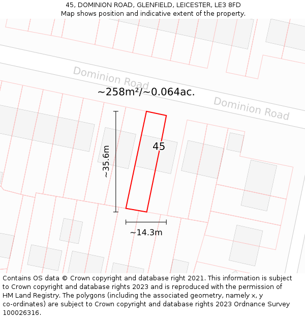 45, DOMINION ROAD, GLENFIELD, LEICESTER, LE3 8FD: Plot and title map