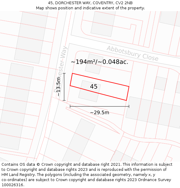 45, DORCHESTER WAY, COVENTRY, CV2 2NB: Plot and title map