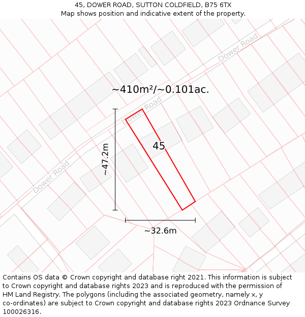 45, DOWER ROAD, SUTTON COLDFIELD, B75 6TX: Plot and title map
