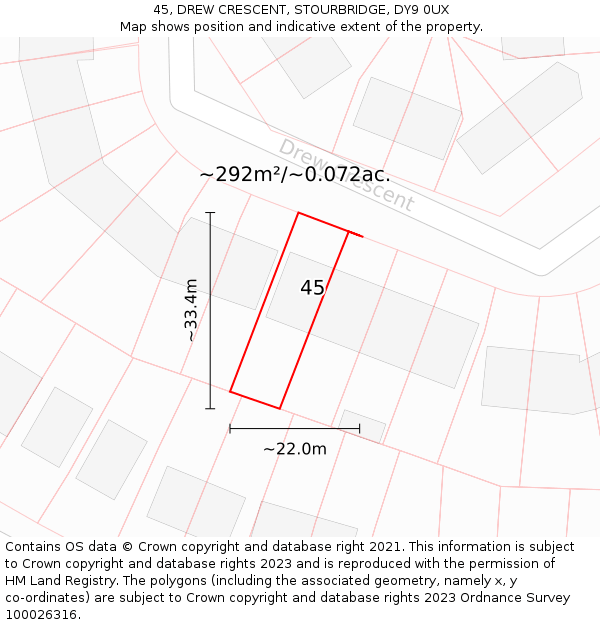 45, DREW CRESCENT, STOURBRIDGE, DY9 0UX: Plot and title map