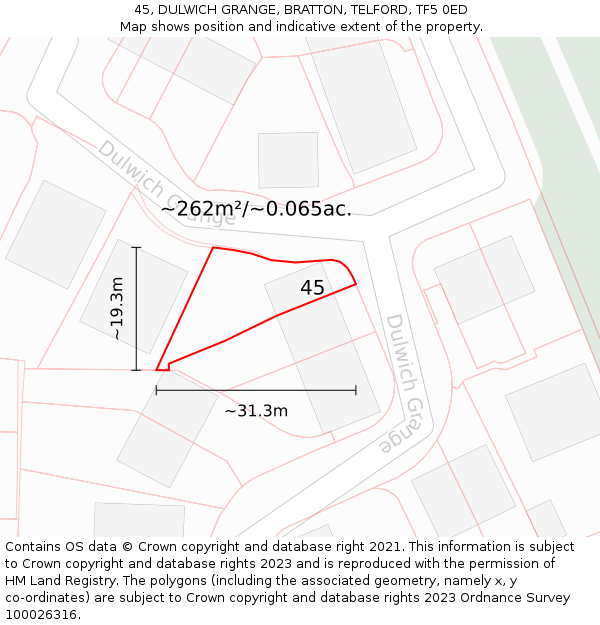 45, DULWICH GRANGE, BRATTON, TELFORD, TF5 0ED: Plot and title map