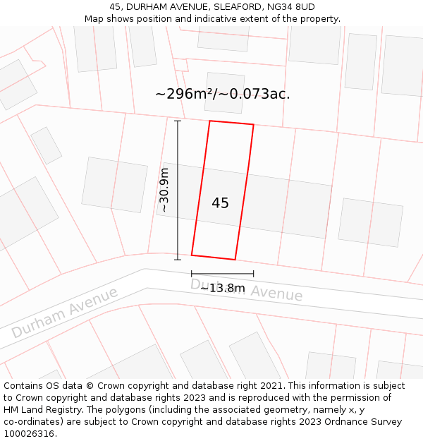 45, DURHAM AVENUE, SLEAFORD, NG34 8UD: Plot and title map