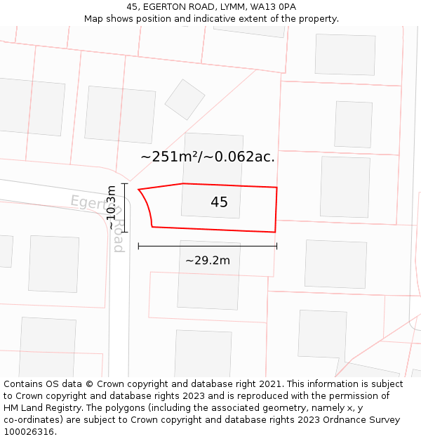 45, EGERTON ROAD, LYMM, WA13 0PA: Plot and title map