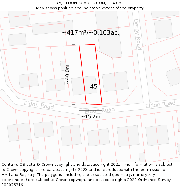 45, ELDON ROAD, LUTON, LU4 0AZ: Plot and title map