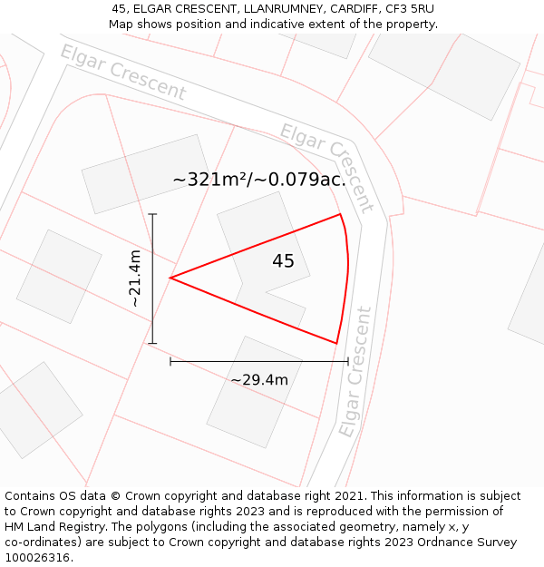 45, ELGAR CRESCENT, LLANRUMNEY, CARDIFF, CF3 5RU: Plot and title map