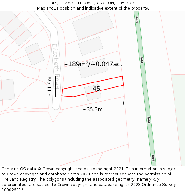 45, ELIZABETH ROAD, KINGTON, HR5 3DB: Plot and title map