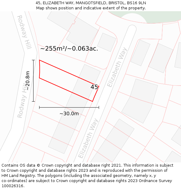 45, ELIZABETH WAY, MANGOTSFIELD, BRISTOL, BS16 9LN: Plot and title map