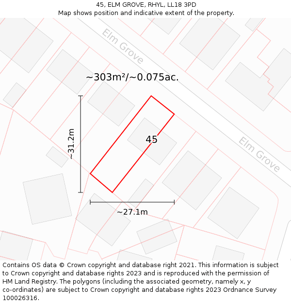 45, ELM GROVE, RHYL, LL18 3PD: Plot and title map