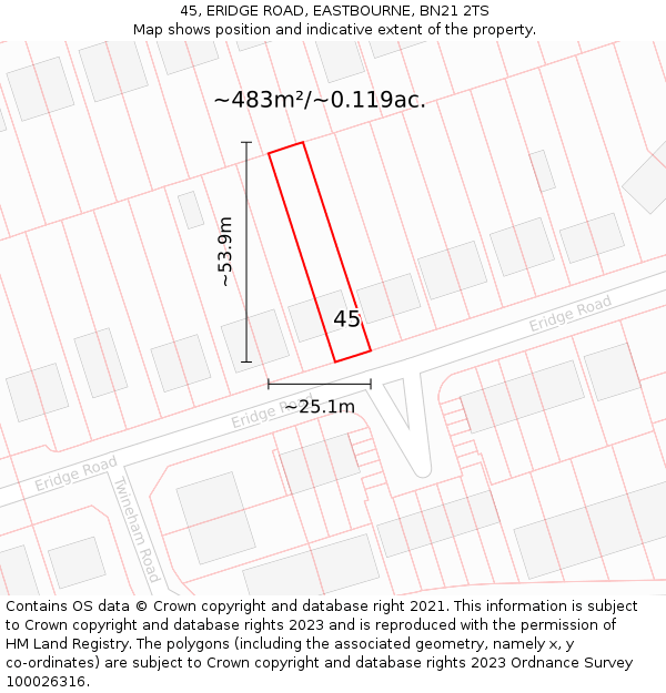 45, ERIDGE ROAD, EASTBOURNE, BN21 2TS: Plot and title map