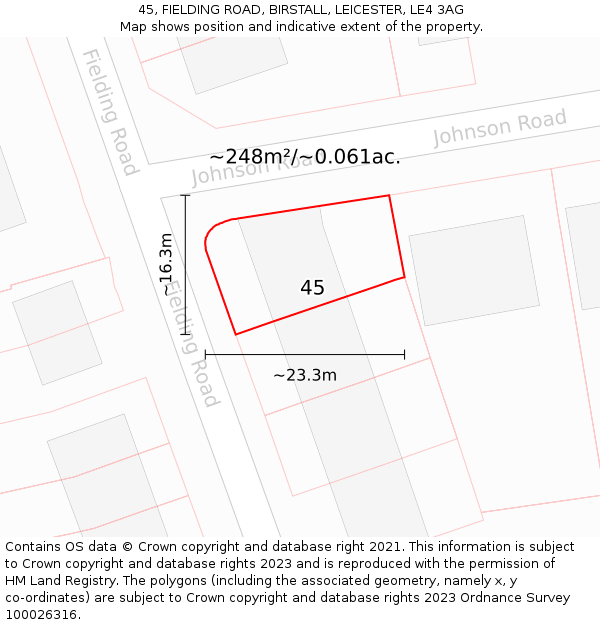 45, FIELDING ROAD, BIRSTALL, LEICESTER, LE4 3AG: Plot and title map