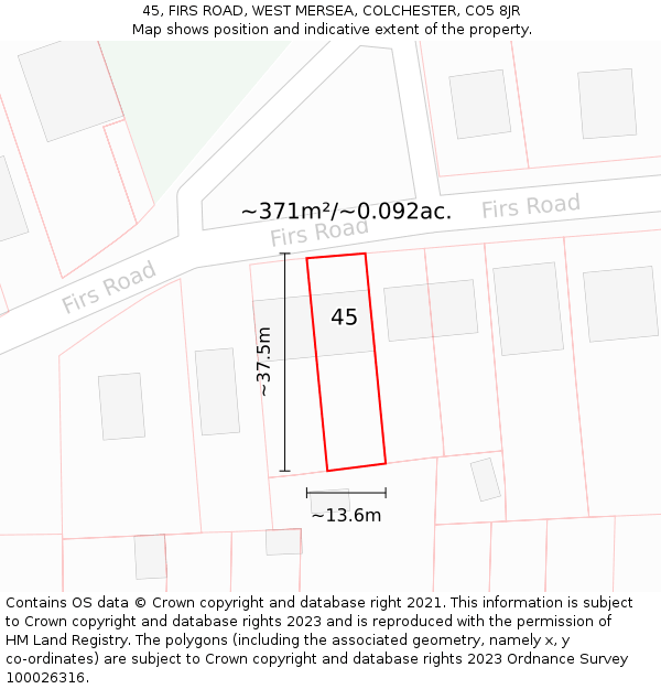 45, FIRS ROAD, WEST MERSEA, COLCHESTER, CO5 8JR: Plot and title map