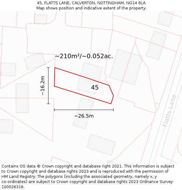 45, FLATTS LANE, CALVERTON, NOTTINGHAM, NG14 6LA: Plot and title map