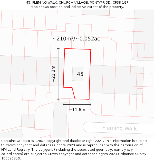 45, FLEMING WALK, CHURCH VILLAGE, PONTYPRIDD, CF38 1GF: Plot and title map