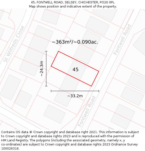 45, FONTWELL ROAD, SELSEY, CHICHESTER, PO20 0PL: Plot and title map