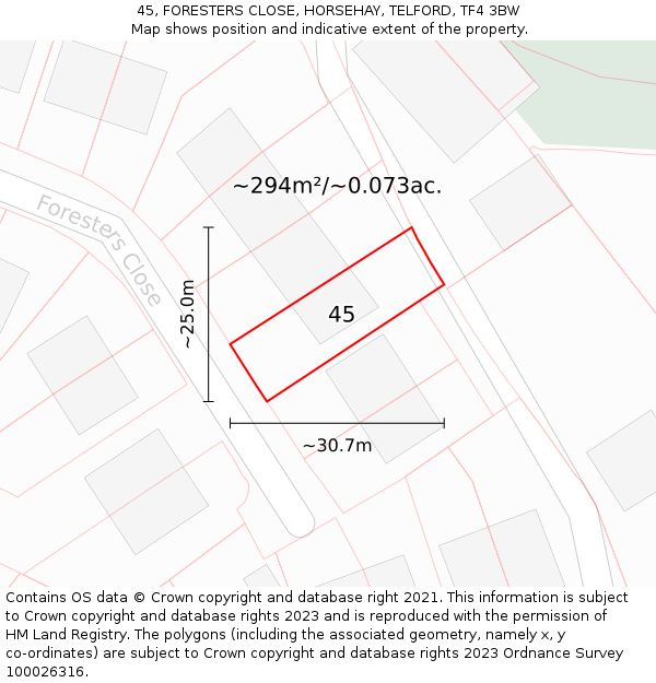 45, FORESTERS CLOSE, HORSEHAY, TELFORD, TF4 3BW: Plot and title map