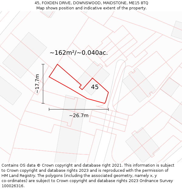 45, FOXDEN DRIVE, DOWNSWOOD, MAIDSTONE, ME15 8TQ: Plot and title map