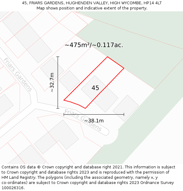 45, FRIARS GARDENS, HUGHENDEN VALLEY, HIGH WYCOMBE, HP14 4LT: Plot and title map