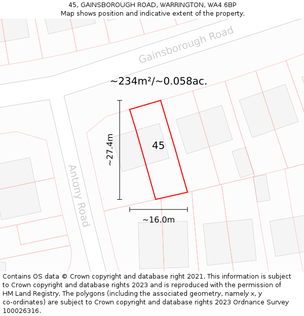 45, GAINSBOROUGH ROAD, WARRINGTON, WA4 6BP: Plot and title map