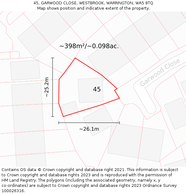 45, GARWOOD CLOSE, WESTBROOK, WARRINGTON, WA5 8TQ: Plot and title map