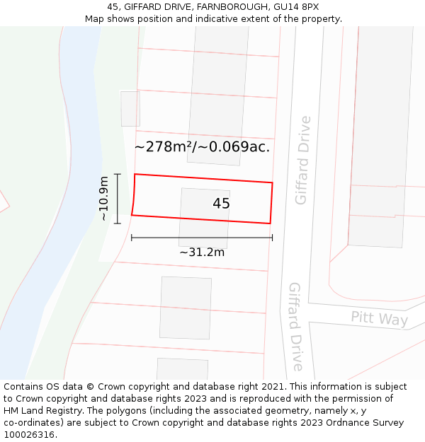 45, GIFFARD DRIVE, FARNBOROUGH, GU14 8PX: Plot and title map