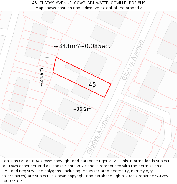 45, GLADYS AVENUE, COWPLAIN, WATERLOOVILLE, PO8 8HS: Plot and title map