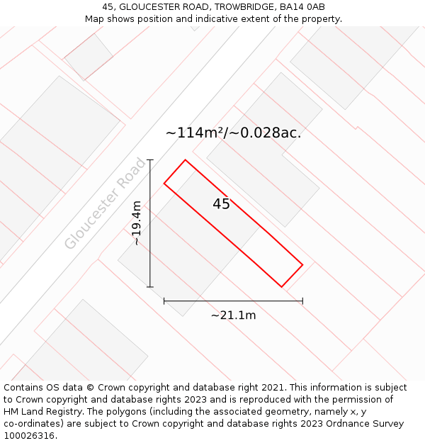 45, GLOUCESTER ROAD, TROWBRIDGE, BA14 0AB: Plot and title map