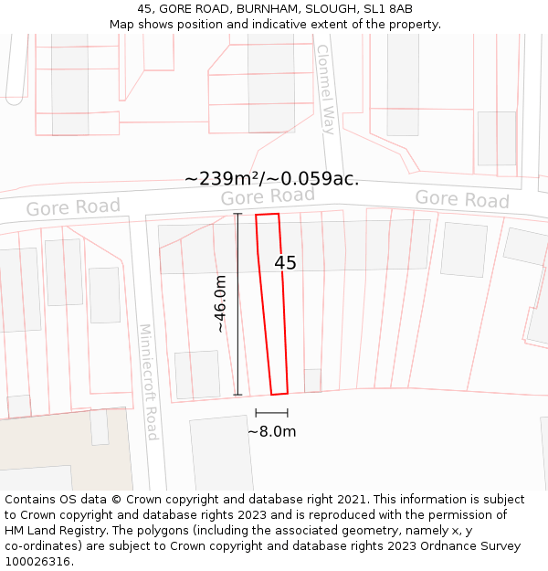 45, GORE ROAD, BURNHAM, SLOUGH, SL1 8AB: Plot and title map