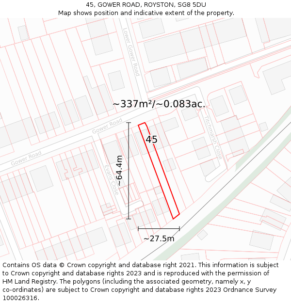 45, GOWER ROAD, ROYSTON, SG8 5DU: Plot and title map