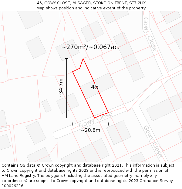 45, GOWY CLOSE, ALSAGER, STOKE-ON-TRENT, ST7 2HX: Plot and title map