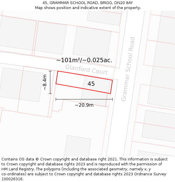 45, GRAMMAR SCHOOL ROAD, BRIGG, DN20 8AY: Plot and title map