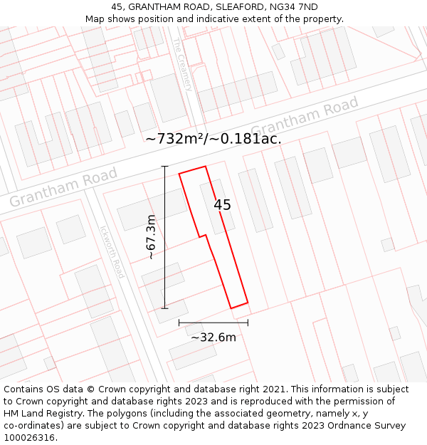 45, GRANTHAM ROAD, SLEAFORD, NG34 7ND: Plot and title map