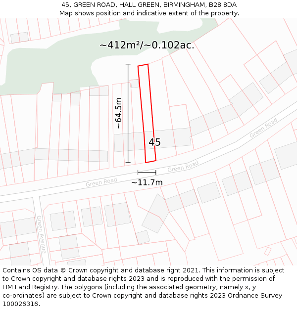 45, GREEN ROAD, HALL GREEN, BIRMINGHAM, B28 8DA: Plot and title map