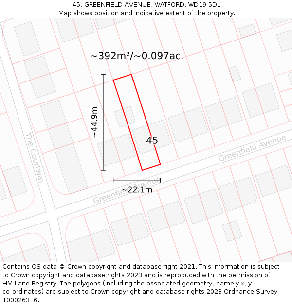 45, GREENFIELD AVENUE, WATFORD, WD19 5DL: Plot and title map