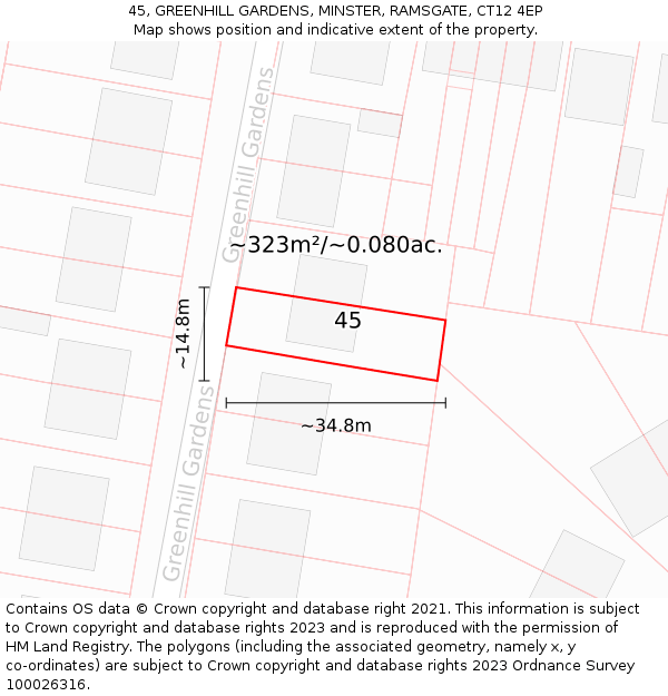 45, GREENHILL GARDENS, MINSTER, RAMSGATE, CT12 4EP: Plot and title map