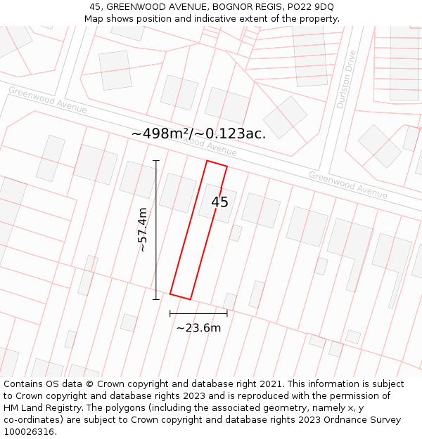 45, GREENWOOD AVENUE, BOGNOR REGIS, PO22 9DQ: Plot and title map